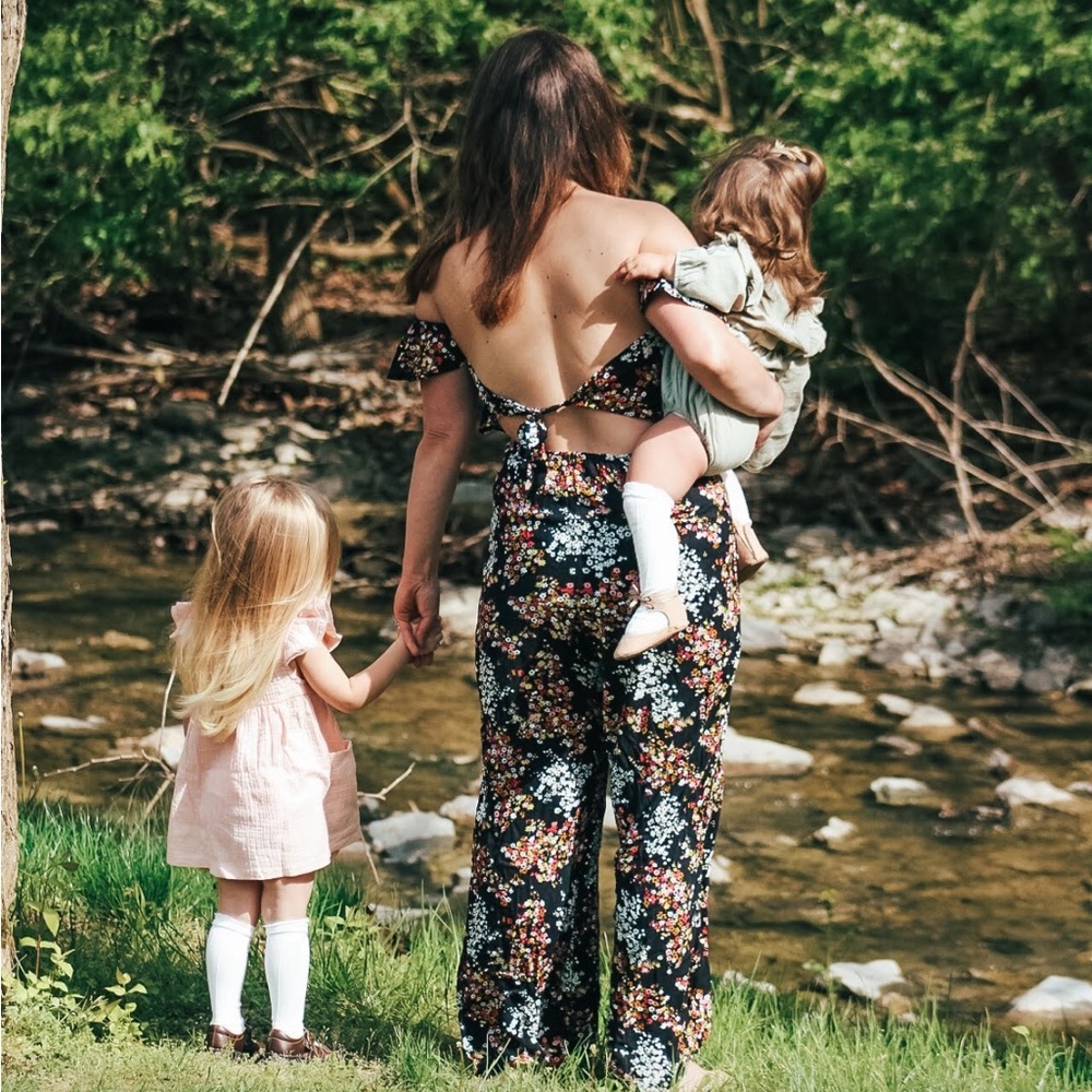 Floral open back, off the shoulder romper from Francesca’s